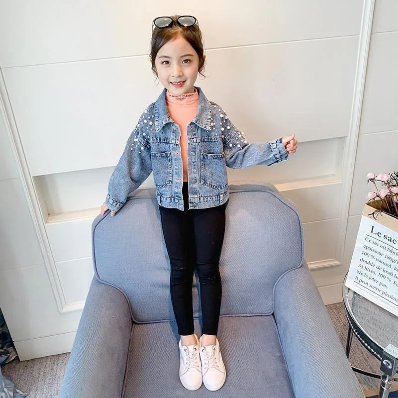 Spring Pearl Embellishment Teenage Girls Denim Coat Children Fashion Windbreaker Kids Birthday Present Outerwear for 3-12 Years