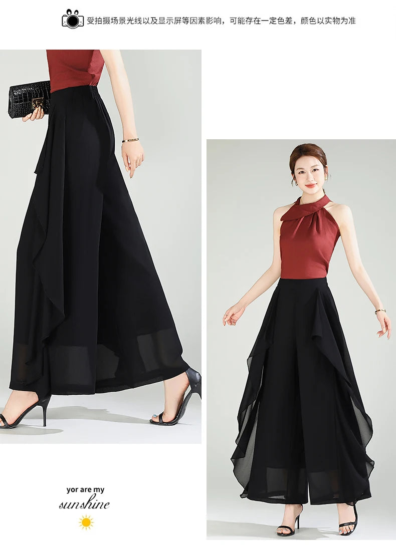 ZUZK Summer Ruffles Chiffion Pants Elastic Waist White Pants Women Fashion Lady Dance Pants baggy pants Wide Leg Pants
