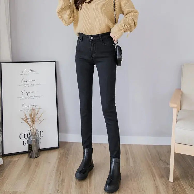 2022 Winter Jeans Women Gold Fleeces Inside Thickening Denim Pants High Waist Warm Trousers Female jeans woman Pants