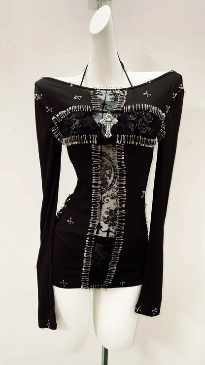 y2k fashion y2k clothes y2k crop top gothic clothes vintage shirt y2k shirt Gothic shirt Punk shirt Harajuku shirt Cross shirt