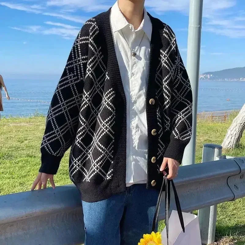 Men's Clothing Plaid Knit Sweater Male Jacket Black Coat Cardigan 2025 New In Aesthetic Meme Korean Autumn Clothes Sweat-shirt