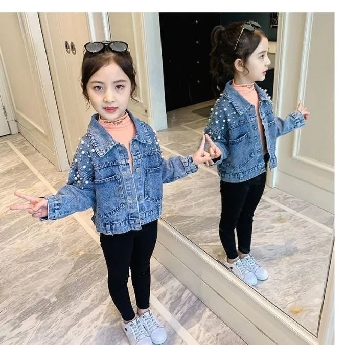 Spring Pearl Embellishment Teenage Girls Denim Coat Children Fashion Windbreaker Kids Birthday Present Outerwear for 3-12 Years