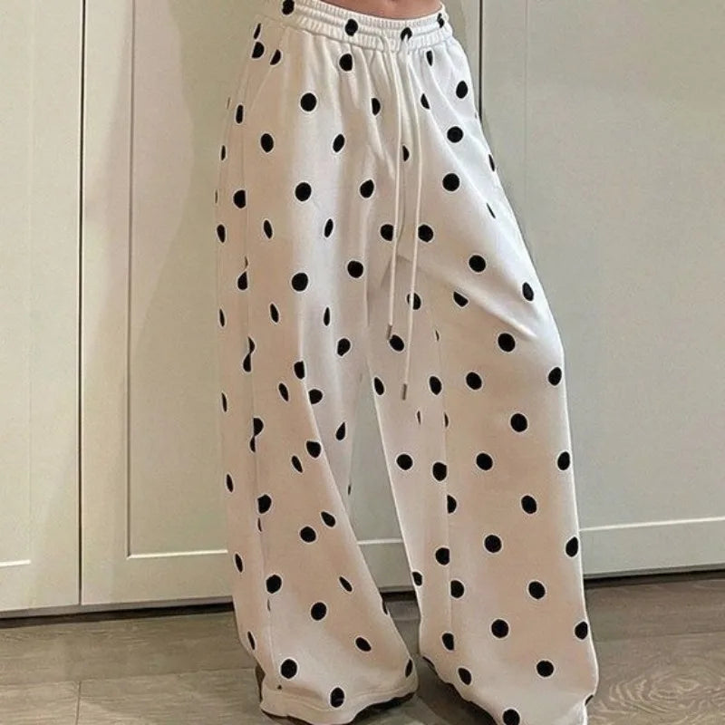 OCEANLOVE Wide Leg Trousers Polka Dot Spring Summer Korean Fashion Woman Pants High Waist Drawstring Pantalones Mujer