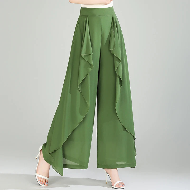 ZUZK Summer Ruffles Chiffion Pants Elastic Waist White Pants Women Fashion Lady Dance Pants baggy pants Wide Leg Pants
