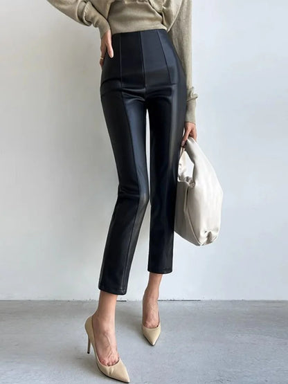 PU Autumn Winter Leather Pencil Pant Women Bodycon Fashion Office High Waist Ladies Trousers Casual Woman Pants