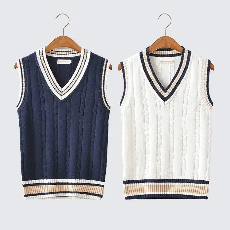 Striped White Knitted Sweaters for Men Blue Sleeveless Man Clothes V Neck Vest Red Waistcoat Jumpers Sweat-shirt Cigaret Cotton