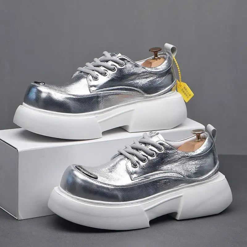 Luxury Silvery Man Shoes Platform Heightening Fashion Leather Shoes for Man Wear-resistant Lightweight Sneakers Shoes Men