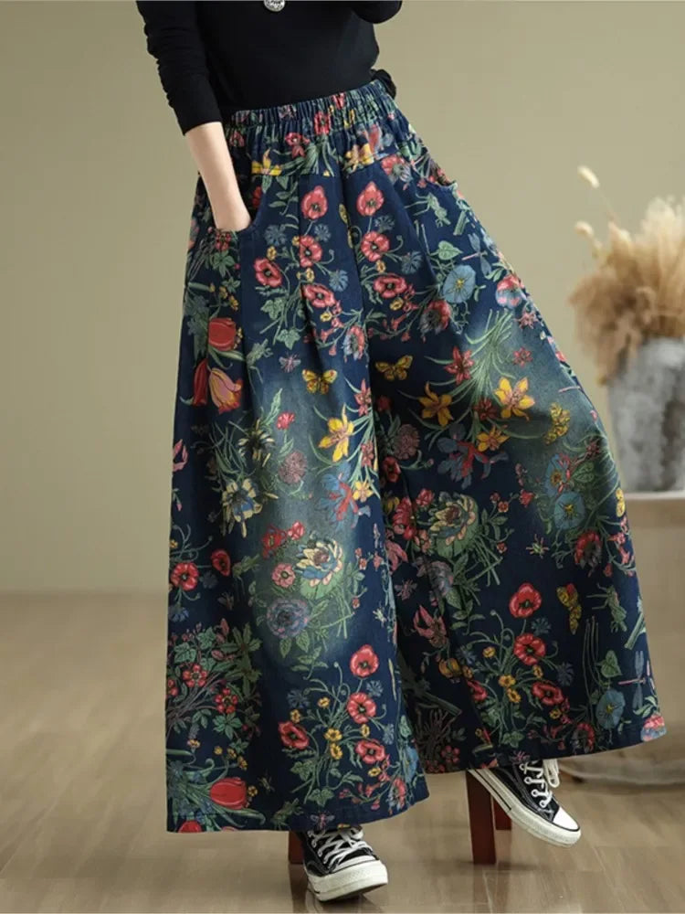 Flower Floral Print Autumn Wide Leg Pant Women Loose Pleated Fashion Ladies Oversized Trousers Elastic Waist Woman Pants