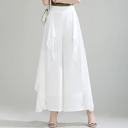ZUZK Summer Ruffles Chiffion Pants Elastic Waist White Pants Women Fashion Lady Dance Pants baggy pants Wide Leg Pants