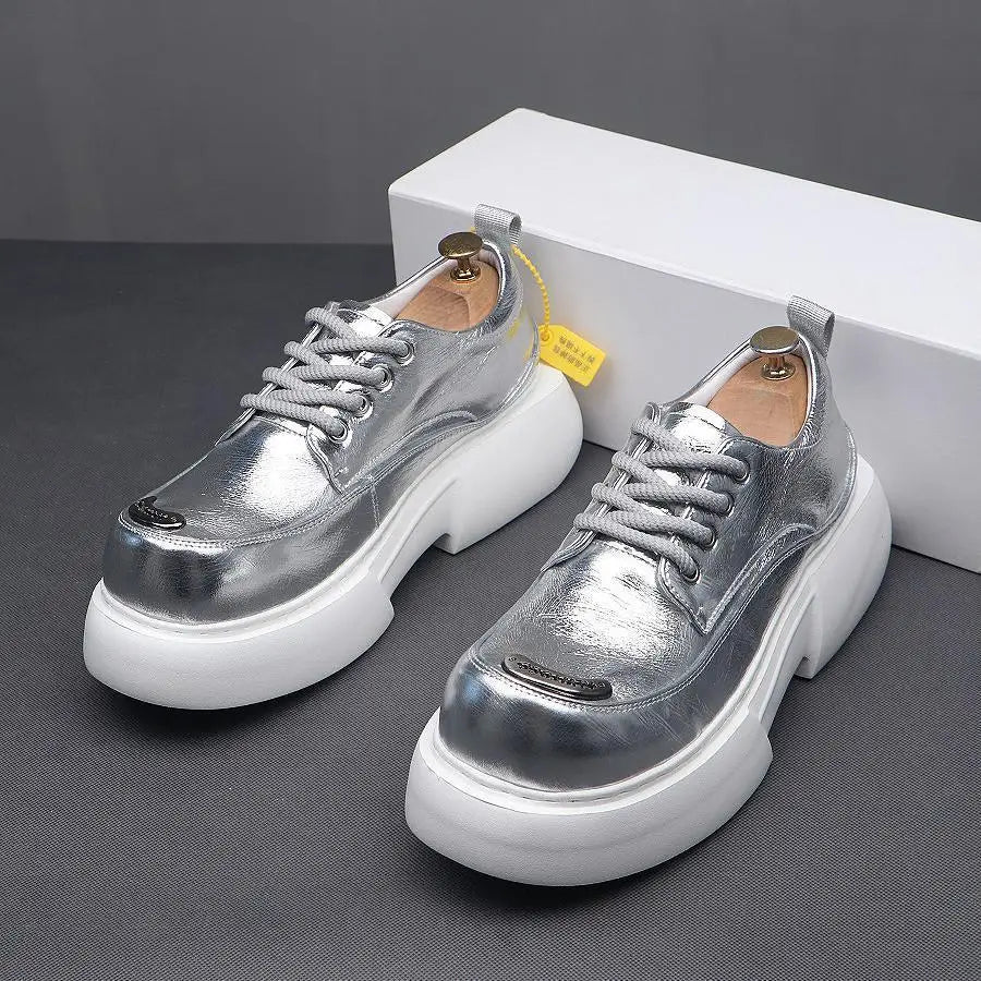 Luxury Silvery Man Shoes Platform Heightening Fashion Leather Shoes for Man Wear-resistant Lightweight Sneakers Shoes Men