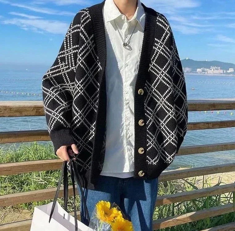 Men's Clothing Plaid Knit Sweater Male Jacket Black Coat Cardigan 2025 New In Aesthetic Meme Korean Autumn Clothes Sweat-shirt