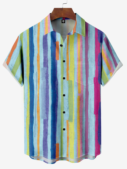 Men's Shirt Short Sleeve Colorful Stripe Print Button Shirt Summer Beach Shirt Camping Shirt Short Sleeve Men's Formal Shirt