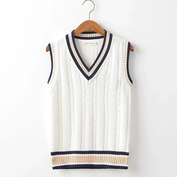 Striped White Knitted Sweaters for Men Blue Sleeveless Man Clothes V Neck Vest Red Waistcoat Jumpers Sweat-shirt Cigaret Cotton