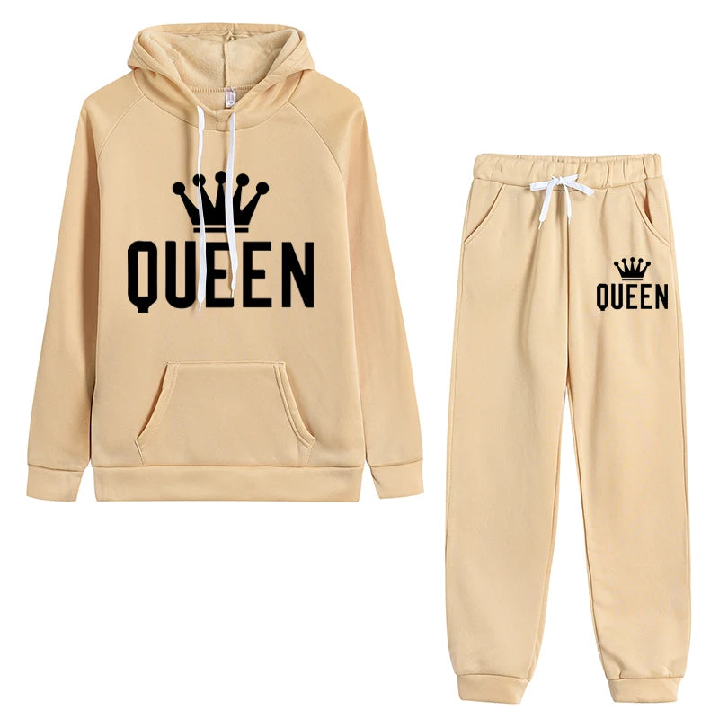 Queen Printed Womens Tracksuit Warm Casual Hooded Sweatshirt 2 Pcs Set Sports Jogging Woman Pants Set Daily Office Home Clothing