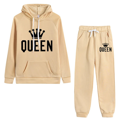 Queen Printed Womens Tracksuit Warm Casual Hooded Sweatshirt 2 Pcs Set Sports Jogging Woman Pants Set Daily Office Home Clothing