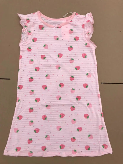 Girl Strawberry Prints Nightgown Dress Cotton Soft Breathable Kids Sleep Wear Quality Home Wear Size 110-170