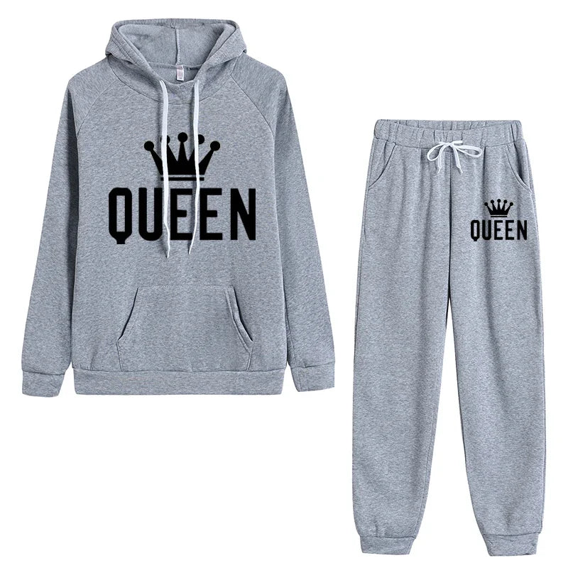 Queen Printed Womens Tracksuit Warm Casual Hooded Sweatshirt 2 Pcs Set Sports Jogging Woman Pants Set Daily Office Home Clothing