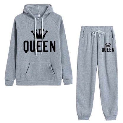 Queen Printed Womens Tracksuit Warm Casual Hooded Sweatshirt 2 Pcs Set Sports Jogging Woman Pants Set Daily Office Home Clothing