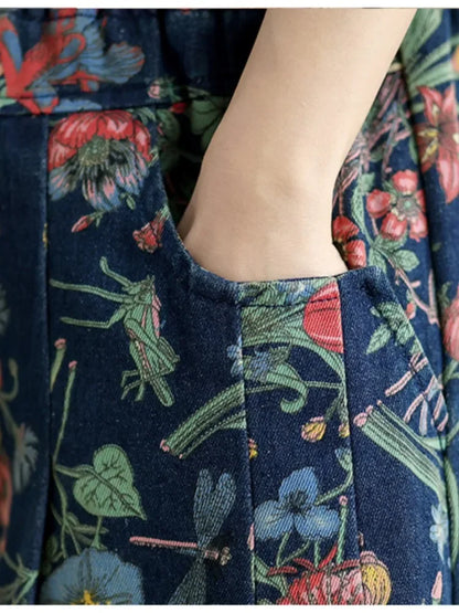 Flower Floral Print Autumn Wide Leg Pant Women Loose Pleated Fashion Ladies Oversized Trousers Elastic Waist Woman Pants