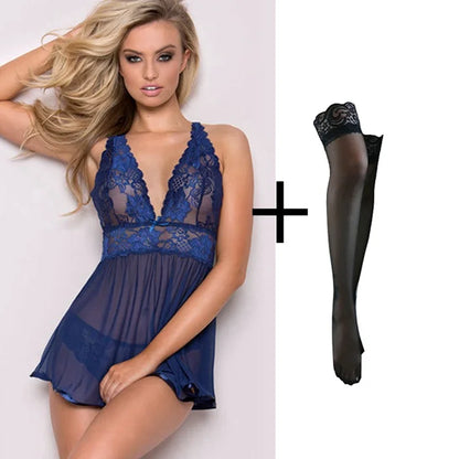 Sexy Women Lingerie Lace Night Dress Sleepwear Nightgown Deep See Through Sexy Sheer Sleep Dress Sleep Wear Lingerie