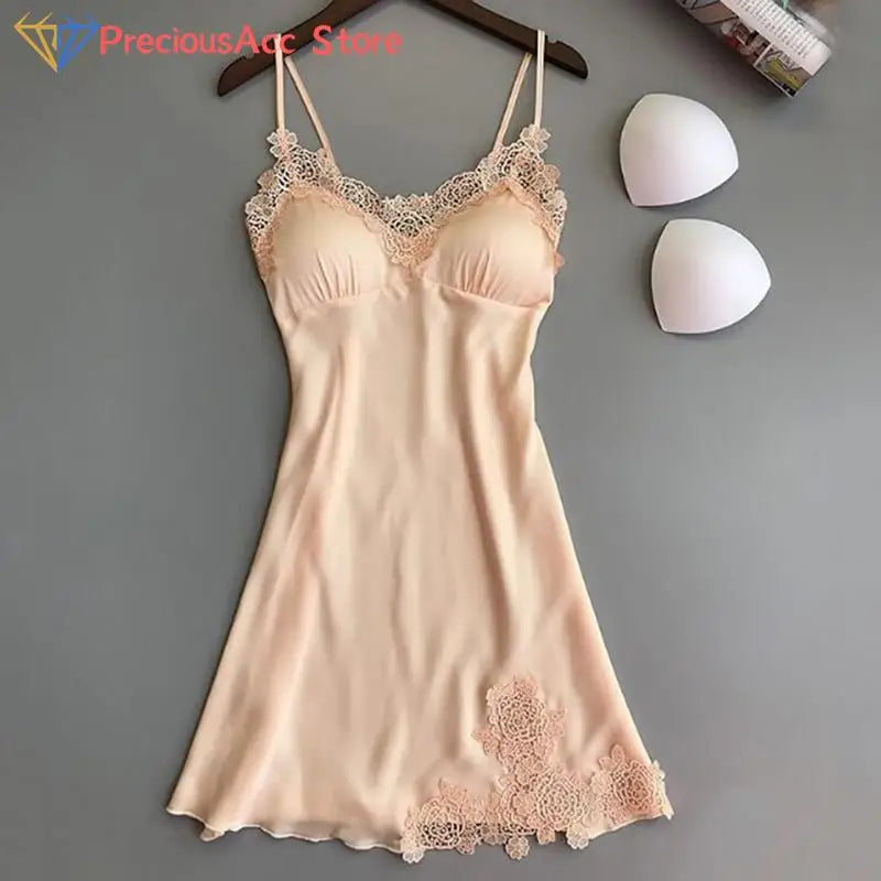 Women Nightgowns Sexy Nightwear Lace Patchwork Camisola Lingerie Nighty Wedding Silk Dress Sleep Wear Nightdress Clothes