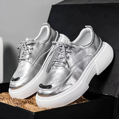 Luxury Silvery Man Shoes Platform Heightening Fashion Leather Shoes for Man Wear-resistant Lightweight Sneakers Shoes Men