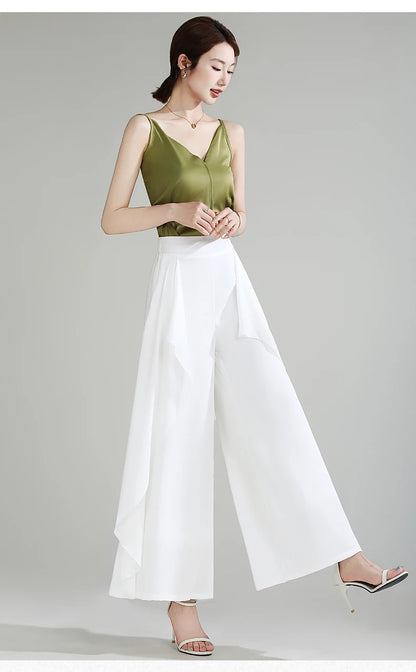 ZUZK Summer Ruffles Chiffion Pants Elastic Waist White Pants Women Fashion Lady Dance Pants baggy pants Wide Leg Pants