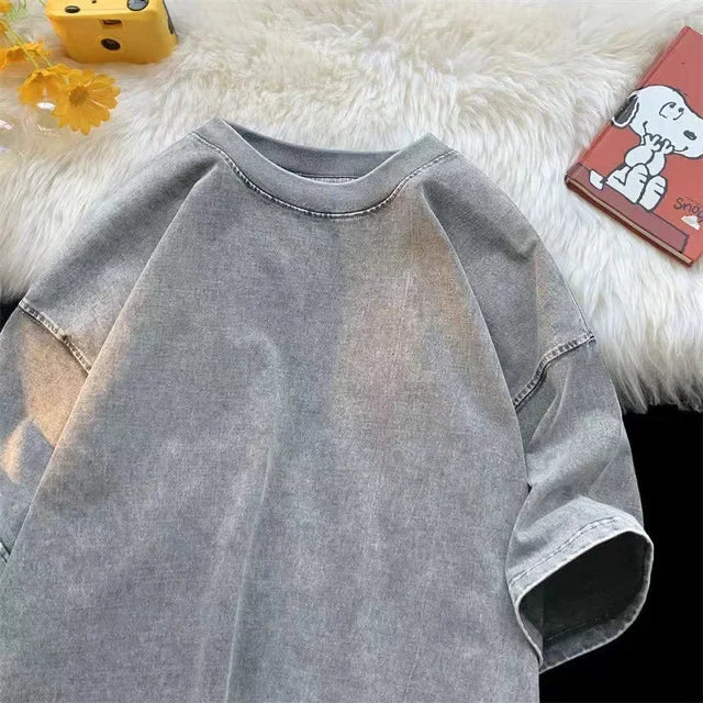 Men Vintage Washed T Shirt Streetwear Hip Hop Tops Casual Cotton Short Sleeve Tee Punk Harajuku Loose Fit T-Shirt For Men Women