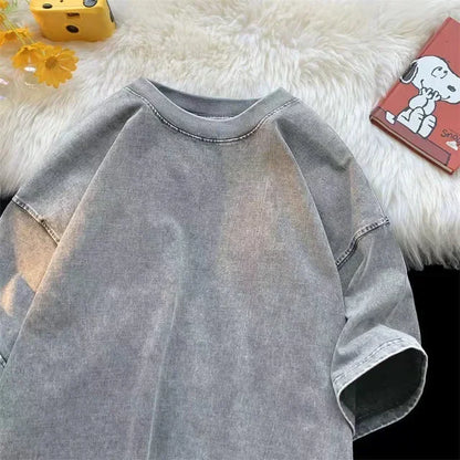 Men Vintage Washed T Shirt Streetwear Hip Hop Tops Casual Cotton Short Sleeve Tee Punk Harajuku Loose Fit T-Shirt For Men Women