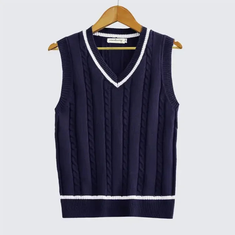 Striped White Knitted Sweaters for Men Blue Sleeveless Man Clothes V Neck Vest Red Waistcoat Jumpers Sweat-shirt Cigaret Cotton