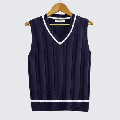 Striped White Knitted Sweaters for Men Blue Sleeveless Man Clothes V Neck Vest Red Waistcoat Jumpers Sweat-shirt Cigaret Cotton