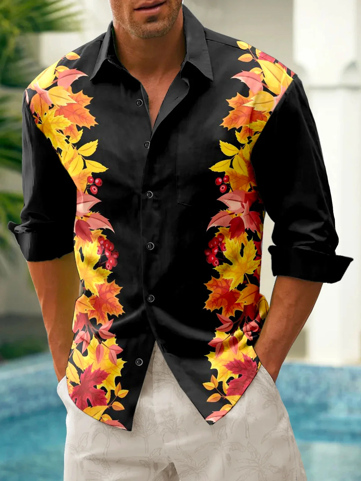 Men's shirt red maple leaf autumn long sleeve lapel shirt top shirt casual shirt Hawaiian shirt casual breathable simple fashion
