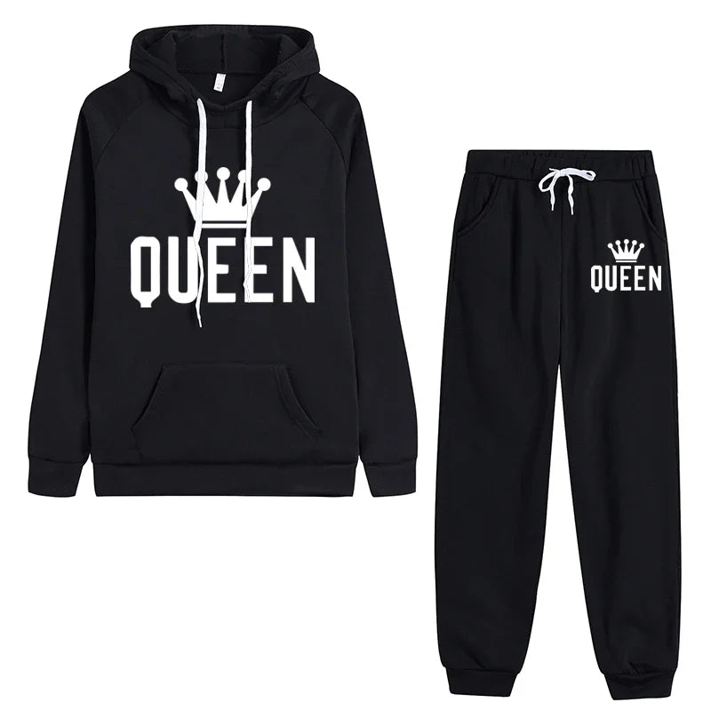 Queen Printed Womens Tracksuit Warm Casual Hooded Sweatshirt 2 Pcs Set Sports Jogging Woman Pants Set Daily Office Home Clothing