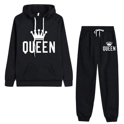 Queen Printed Womens Tracksuit Warm Casual Hooded Sweatshirt 2 Pcs Set Sports Jogging Woman Pants Set Daily Office Home Clothing