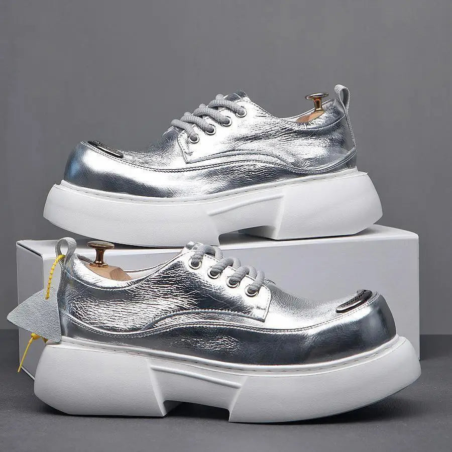 Luxury Silvery Man Shoes Platform Heightening Fashion Leather Shoes for Man Wear-resistant Lightweight Sneakers Shoes Men