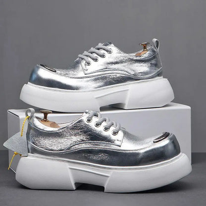 Luxury Silvery Man Shoes Platform Heightening Fashion Leather Shoes for Man Wear-resistant Lightweight Sneakers Shoes Men