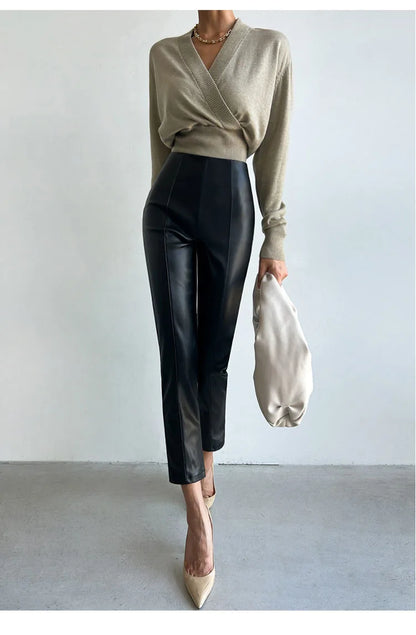 PU Autumn Winter Leather Pencil Pant Women Bodycon Fashion Office High Waist Ladies Trousers Casual Woman Pants