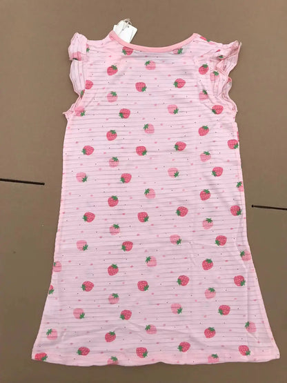 Girl Strawberry Prints Nightgown Dress Cotton Soft Breathable Kids Sleep Wear Quality Home Wear Size 110-170