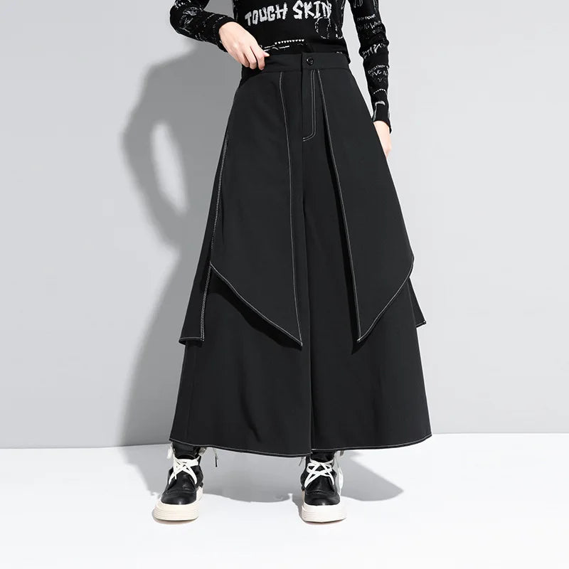 Korean Woman Pants New 2025 Black Loose False Two-piece Wide Legs Pants Ladies Casual Streetwear Hurajuku Trousers  Ladies