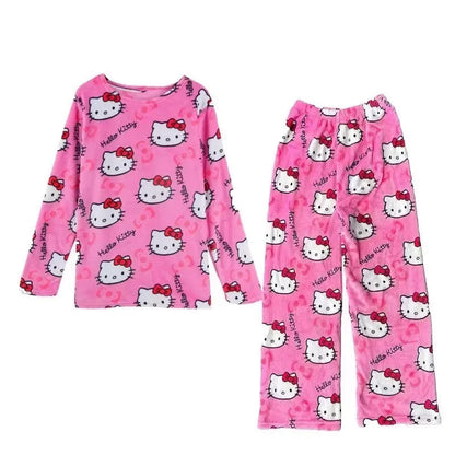 Winter Hello Kitty Pajamas Set Flannel Pants Kawaii Cartoon Pajama Suit Warm Thickened Woman Pants Plush Homewear Cute Sleepwear