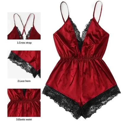 Summer New Sexy Fashion Women Lace Splice Trim Backless Bow Shorts V-Neck Bodysuit Women Sleep Wear Set