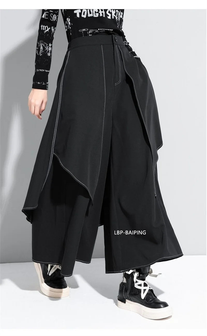 Korean Woman Pants New 2025 Black Loose False Two-piece Wide Legs Pants Ladies Casual Streetwear Hurajuku Trousers  Ladies