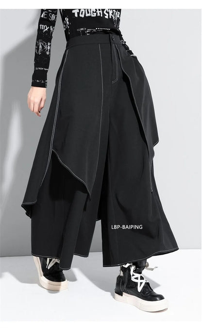 Korean Woman Pants New 2025 Black Loose False Two-piece Wide Legs Pants Ladies Casual Streetwear Hurajuku Trousers  Ladies