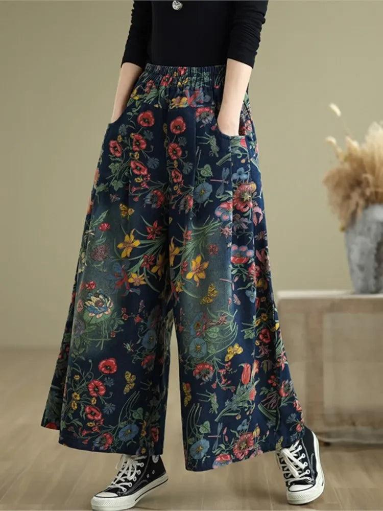Flower Floral Print Autumn Wide Leg Pant Women Loose Pleated Fashion Ladies Oversized Trousers Elastic Waist Woman Pants