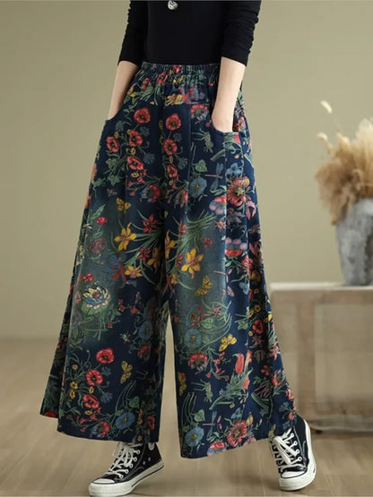 Flower Floral Print Autumn Wide Leg Pant Women Loose Pleated Fashion Ladies Oversized Trousers Elastic Waist Woman Pants