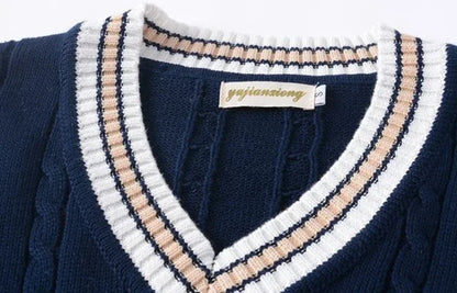 Striped White Knitted Sweaters for Men Blue Sleeveless Man Clothes V Neck Vest Red Waistcoat Jumpers Sweat-shirt Cigaret Cotton