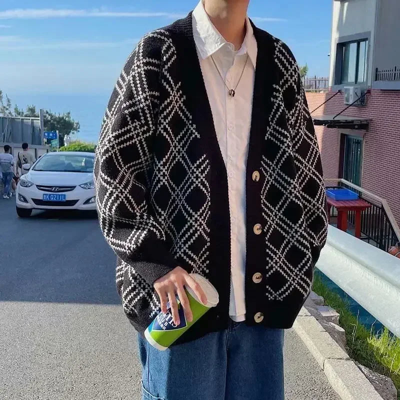 Men's Clothing Plaid Knit Sweater Male Jacket Black Coat Cardigan 2025 New In Aesthetic Meme Korean Autumn Clothes Sweat-shirt