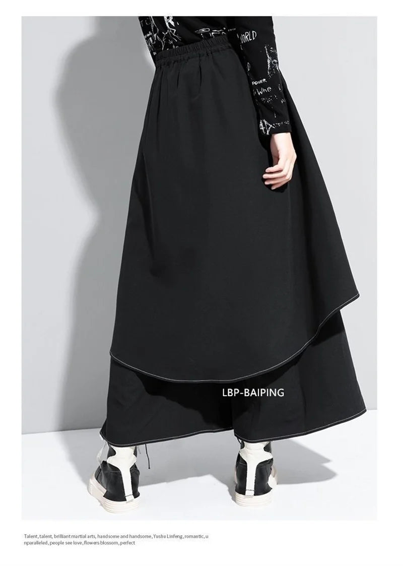 Korean Woman Pants New 2025 Black Loose False Two-piece Wide Legs Pants Ladies Casual Streetwear Hurajuku Trousers  Ladies