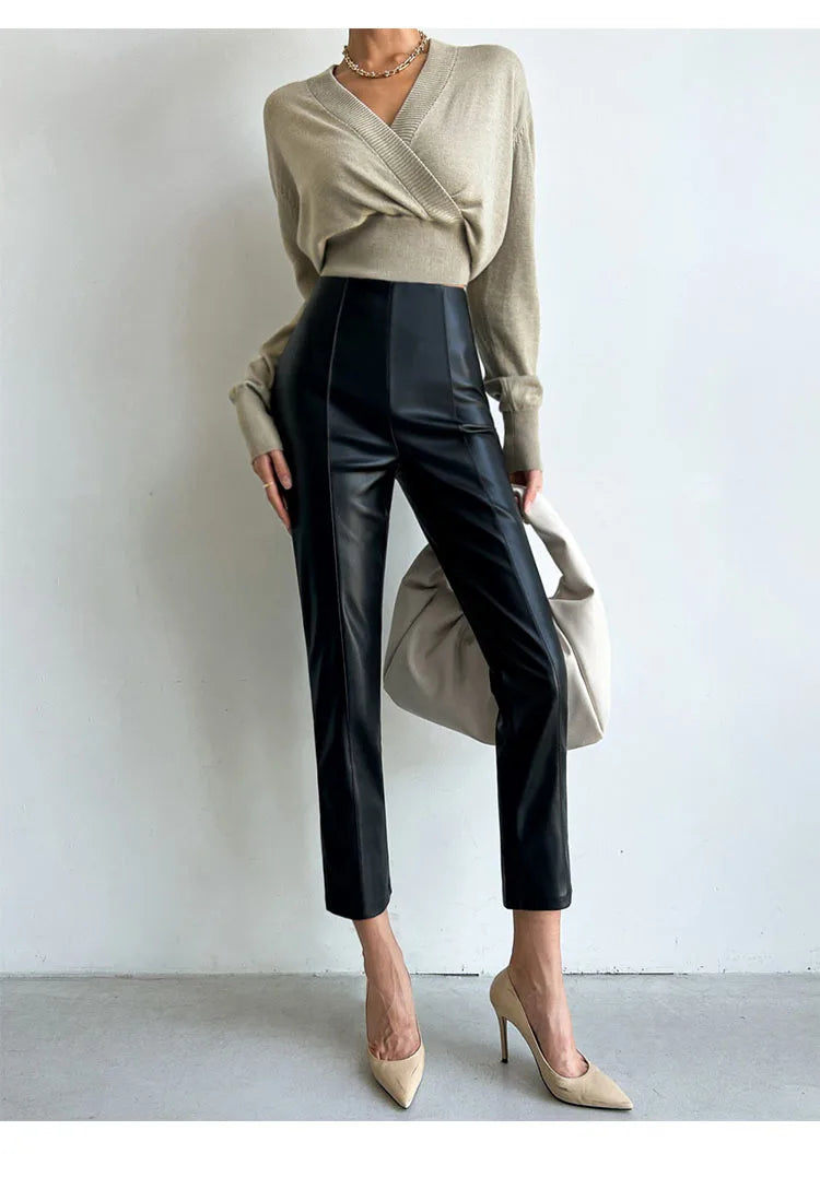 PU Autumn Winter Leather Pencil Pant Women Bodycon Fashion Office High Waist Ladies Trousers Casual Woman Pants