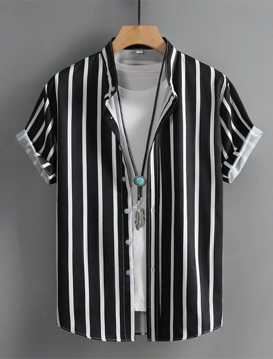 Men's Shirt Button Up Shirt Casual Shirt Summer Shirt Beach Shirt  Short Sleeve Striped Band Collar Hawaiian Clothing Fashion